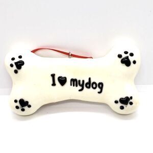 Dog Bone Christmas Tree Hanger White with Black Lettering